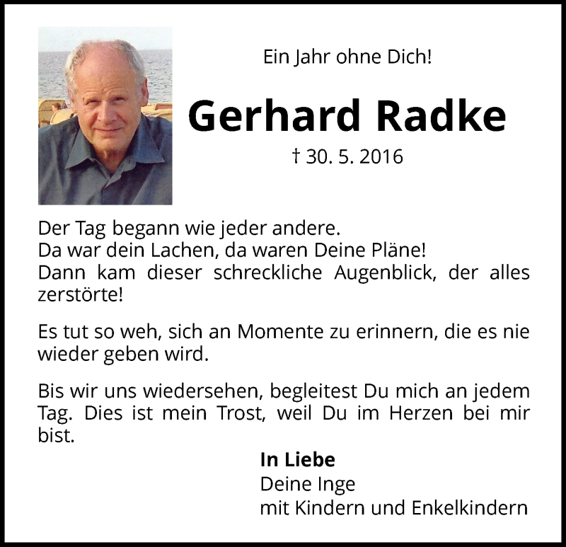  Traueranzeige für Gerhard Radke vom 30.05.2017 aus Waldeckische Landeszeitung