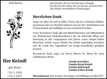 Traueranzeige von Ilse Keindl von Waldeckische Landeszeitung