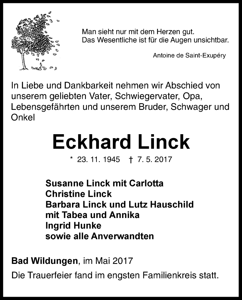  Traueranzeige für Eckhard Linck vom 13.05.2017 aus Waldeckische Landeszeitung