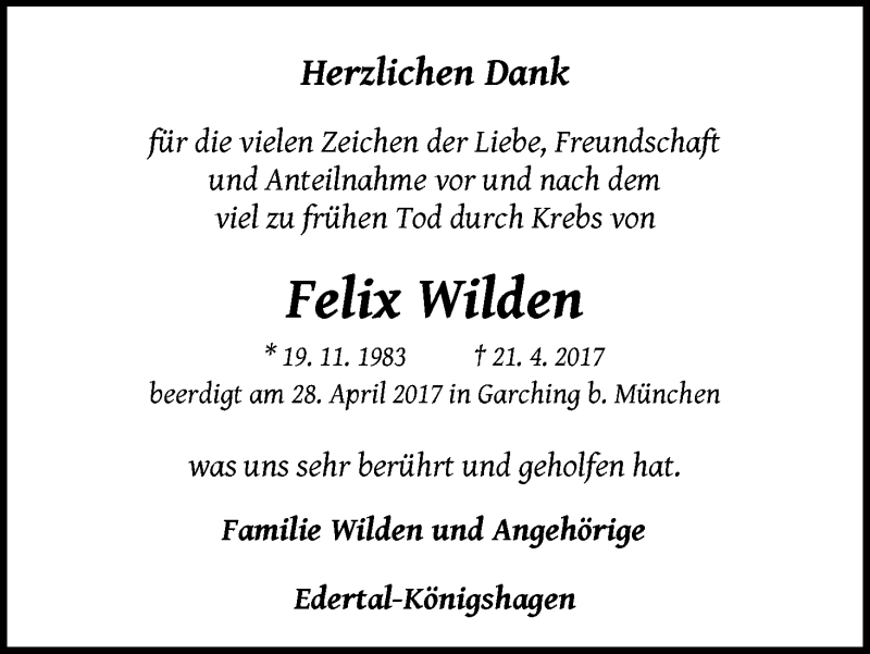  Traueranzeige für Felix Wilden vom 06.05.2017 aus Waldeckische Landeszeitung