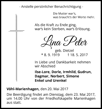 Traueranzeige von Lina Peter von Waldeckische Landeszeitung