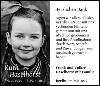 Traueranzeige von Ruth Haselhorst von Waldeckische Landeszeitung