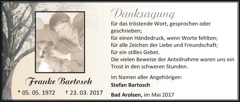  Traueranzeige für Frauke Bartosch vom 27.05.2017 aus Waldeckische Landeszeitung