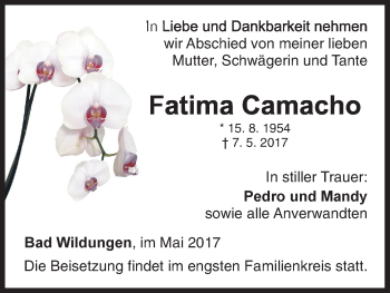 Traueranzeige von Fatima Camacho von Waldeckische Landeszeitung