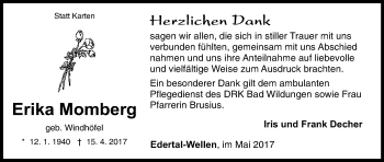 Traueranzeige von Erika Momberg von Waldeckische Landeszeitung