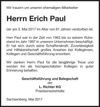 Traueranzeige von Erich Paul von Waldeckische Landeszeitung