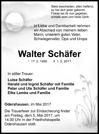 Traueranzeige von Walter Schäfer von Waldeckische Landeszeitung