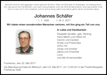 Traueranzeige von Johannes Schäfer von Waldeckische Landeszeitung