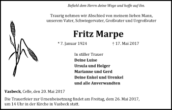 Traueranzeige von Fritz Marpe von Waldeckische Landeszeitung