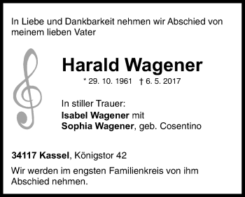 Traueranzeige von Harald Wagener von Waldeckische Landeszeitung