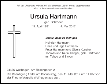 Traueranzeige von Ursula Hartmann von Waldeckische Landeszeitung