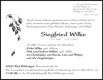 Traueranzeige von Siegfried Wilke von Waldeckische Landeszeitung