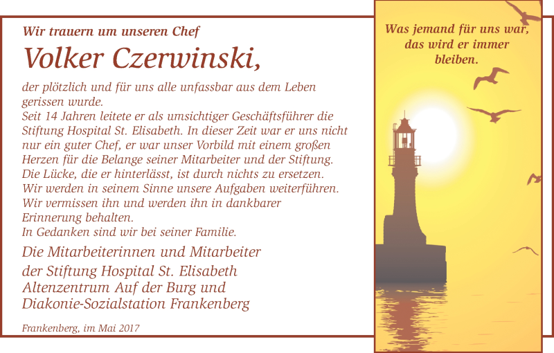  Traueranzeige für Volker Czerwinski vom 12.05.2017 aus Waldeckische Landeszeitung