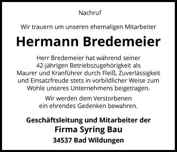 Traueranzeige von Hermann Bredemeier von Waldeckische Landeszeitung