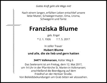 Traueranzeige von Franziska Blume von Waldeckische Landeszeitung