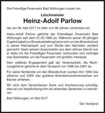 Traueranzeige von Heinz-Adolf Parlow von Waldeckische Landeszeitung