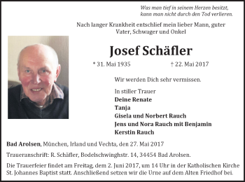 Traueranzeige von Josef Schäfler von Waldeckische Landeszeitung