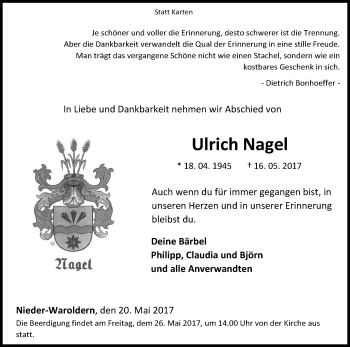 Traueranzeige von Ulrich Nagel von Waldeckische Landeszeitung