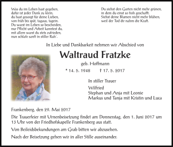 Traueranzeige von Waltraud Fratzke von Waldeckische Landeszeitung