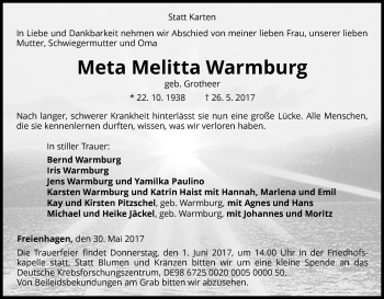 Traueranzeige von Meta Melitta Warmburg von Waldeckische Landeszeitung