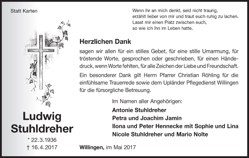  Traueranzeige für Ludwig Stuhldreher vom 20.05.2017 aus Waldeckische Landeszeitung