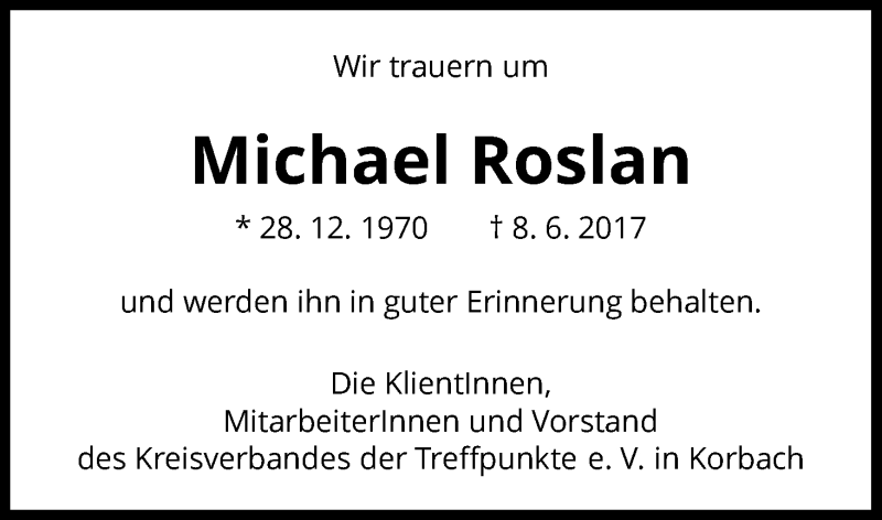  Traueranzeige für Michael Roslan vom 21.06.2017 aus Waldeckische Landeszeitung