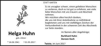 Traueranzeige von Helga Huhn von Waldeckische Landeszeitung