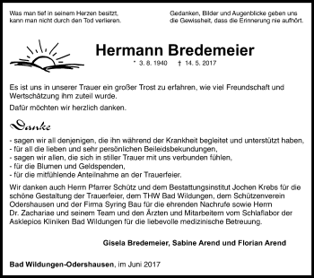 Traueranzeige von Hermann Bredemeier von Waldeckische Landeszeitung