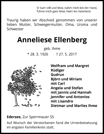 Traueranzeige von Anneliese Ellenberg von Waldeckische Landeszeitung