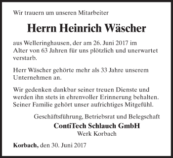 Traueranzeige von Heinrich Wäscher von Waldeckische Landeszeitung