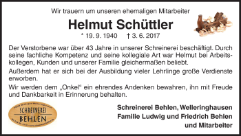 Traueranzeige von Helmut Schüttler von Waldeckische Landeszeitung