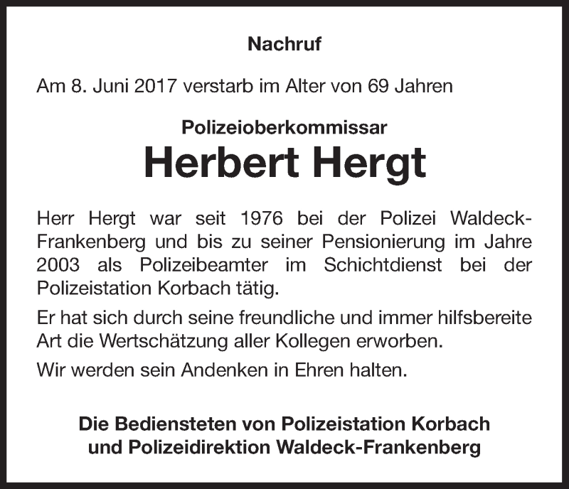  Traueranzeige für Herbert Hergt vom 17.06.2017 aus Waldeckische Landeszeitung