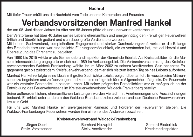  Traueranzeige für Manfred Hankel vom 17.06.2017 aus Waldeckische Landeszeitung