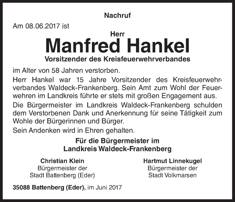  Traueranzeige für Manfred Hankel vom 24.06.2017 aus Waldeckische Landeszeitung