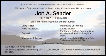 Traueranzeige von Jon A. Sender von Waldeckische Landeszeitung