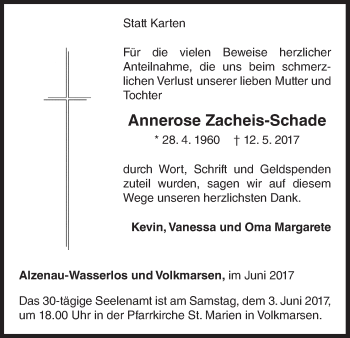 Traueranzeige von Annerose Zacheis-Schade von Waldeckische Landeszeitung