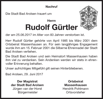 Traueranzeige von Rudolf Gürtler von Waldeckische Landeszeitung