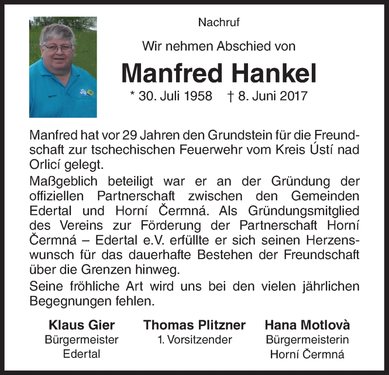  Traueranzeige für Manfred Hankel vom 17.06.2017 aus Waldeckische Landeszeitung