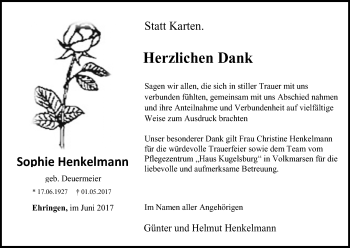 Traueranzeige von Sophie Henkelmann von Waldeckische Landeszeitung