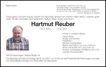 Traueranzeige von Hartmut Reuber von Waldeckische Landeszeitung