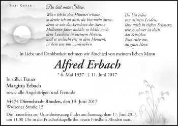 Traueranzeige von Alfred Erbach von Waldeckische Landeszeitung