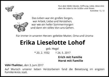 Traueranzeige von Erika Lieselotte Lohof von Waldeckische Landeszeitung