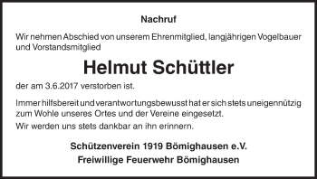 Traueranzeige von Helmut Schüttler von Waldeckische Landeszeitung