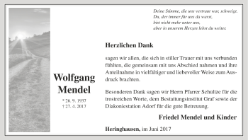 Traueranzeige von Wolfgang Mendel von Waldeckische Landeszeitung