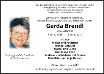 Traueranzeige von Gerda Brendl von Waldeckische Landeszeitung