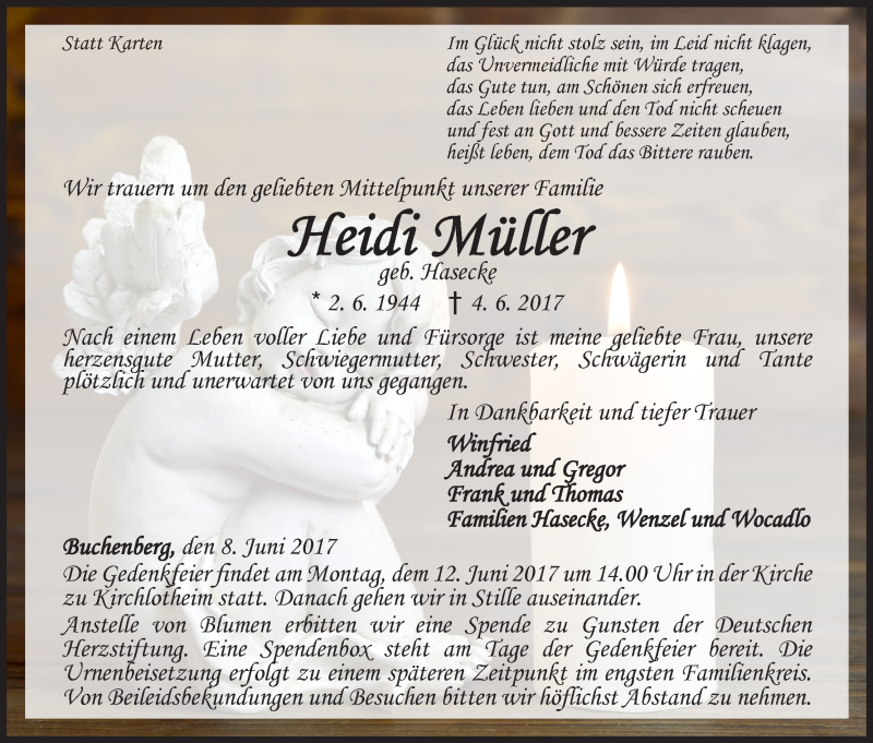  Traueranzeige für Heidi Müller vom 08.06.2017 aus Waldeckische Landeszeitung