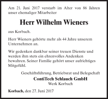 Traueranzeige von Wilhelm Wieners von Waldeckische Landeszeitung