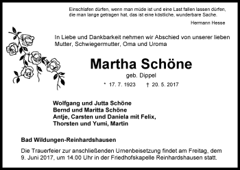 Traueranzeige von Martha Schöne von Waldeckische Landeszeitung