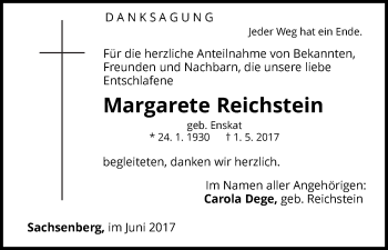 Traueranzeige von Margarete Reichstein von Waldeckische Landeszeitung