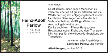 Traueranzeige von Heinz-Adolf Parlow von Waldeckische Landeszeitung